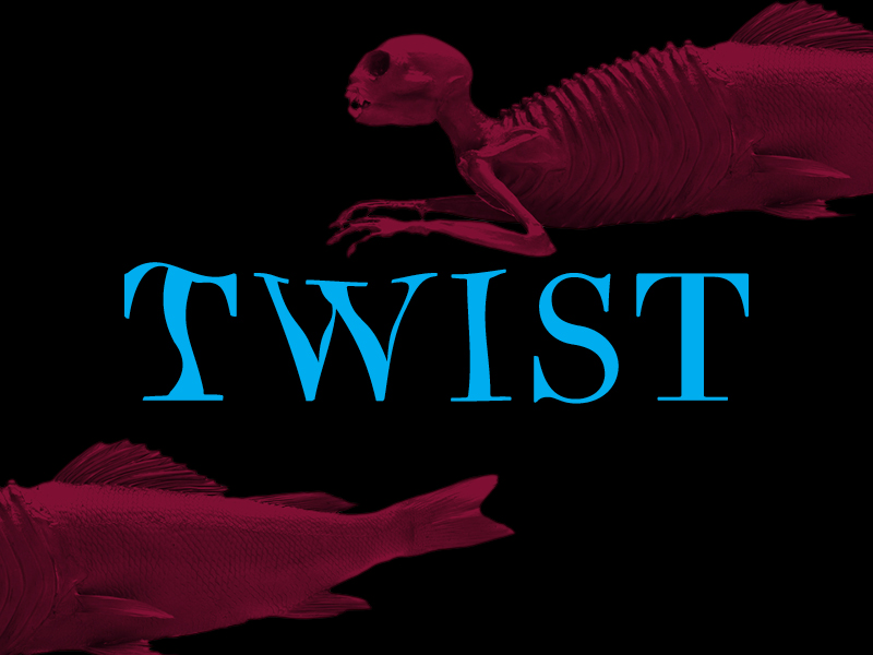 Twist written in bright blue text against a black background with red-coloured merpeople sculptures