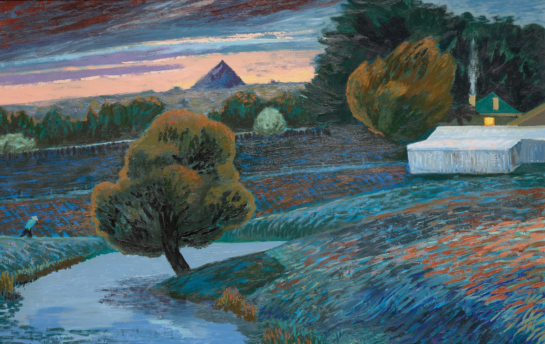 painting of tree and shed and river