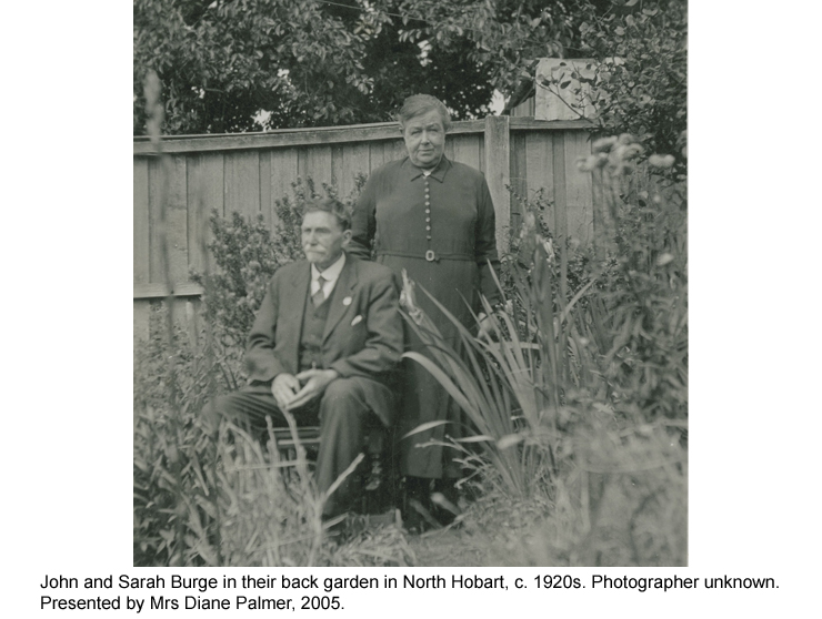 John and Sarah Burge in their back garden in North Hobart, c. 1920s