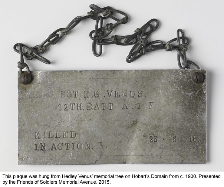 Plaque hung from Hedley Venus's memorial tree from 1930.