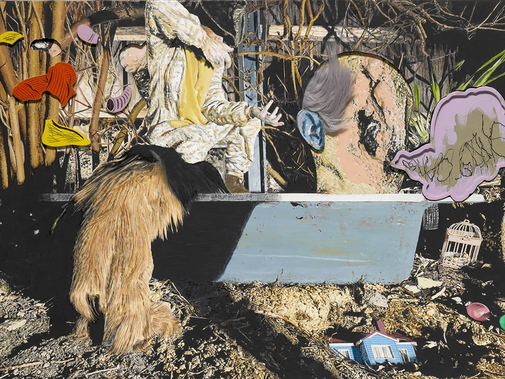 dog, with sculptures in dirt