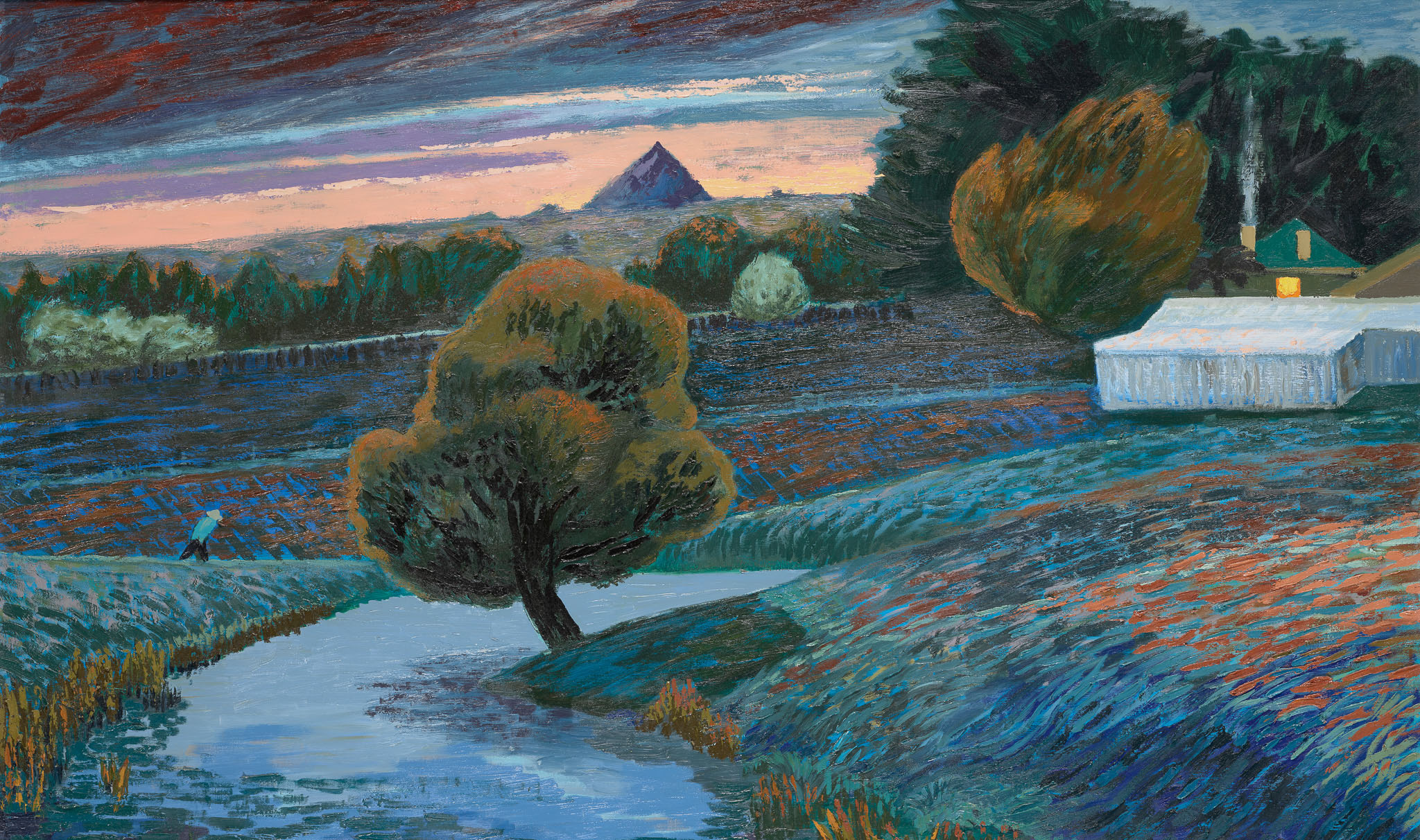 painting of river tree and shed