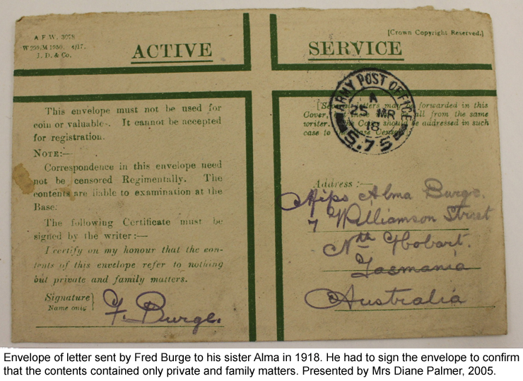 Envelope of letter sent by Fred Burge to his sister Alma in 1918.