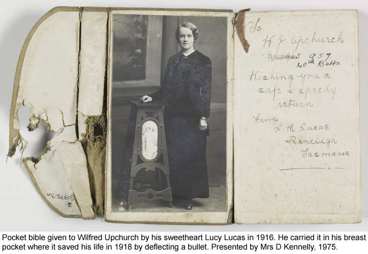 Pocket bible given to Wilfred Upchurch by his sweetheart Lucy Lucas in 1916.