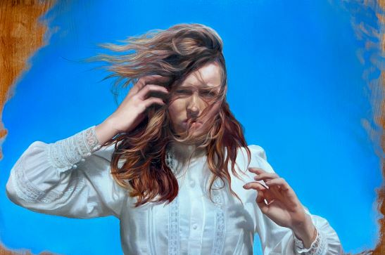 Purgatory by Effie Pryer. A painting of a woman in a white Victorian-era dress and long hair against a blue background.