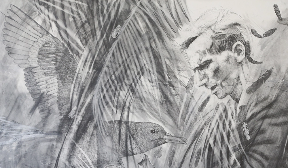 black and white illustration of a man and bird.