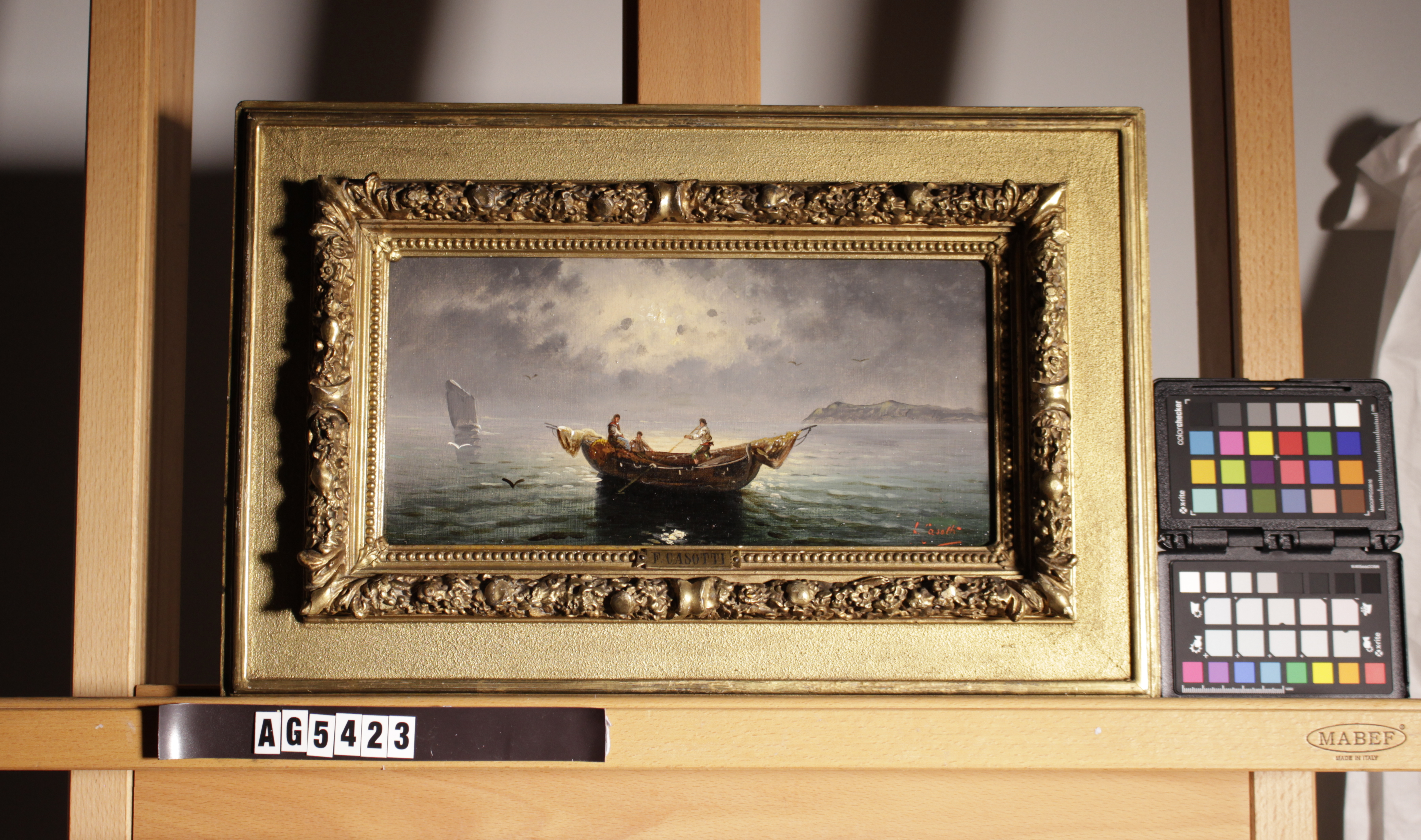 Painting of a boat with white clouds behind