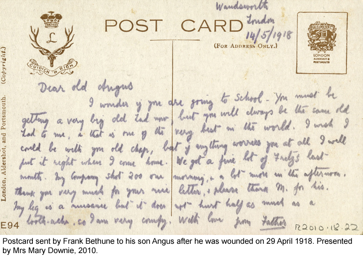 Postcard sent by Frank Bethune to his son Angus after he was wounded on 29 April 1918.