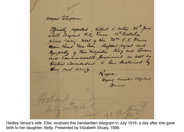 Hedley Venus's wife received this telegram in July 1916.
